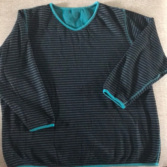 Turquoise and Black Striped Sweater, Ribbed Knit, Reverse is Solid Turquoise - Picture 2 of 2